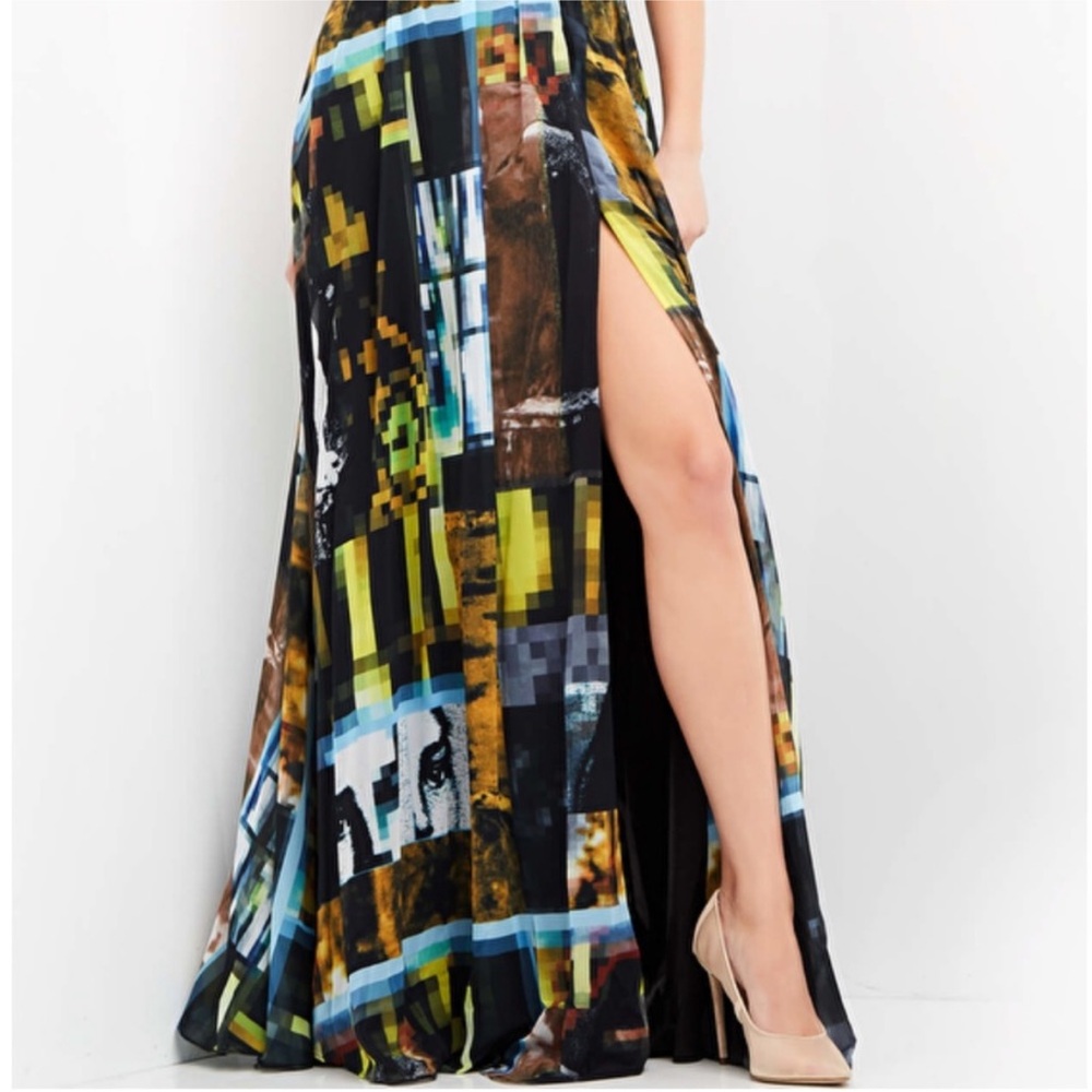 NEW JOVANI SZ 2 HALTER CHIFFON ABSTRACT PRINT HIGH SLIT FORMAL EVENING GOWN - Picture 14 of 16